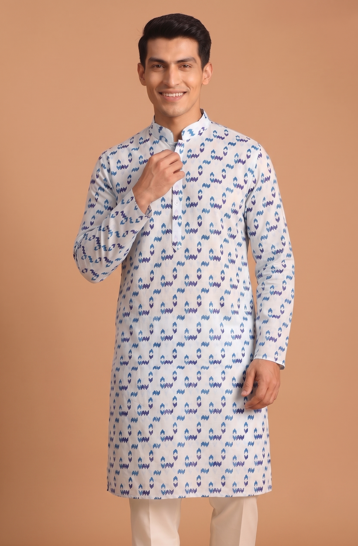 Blue Motif Kurta with White Trouser