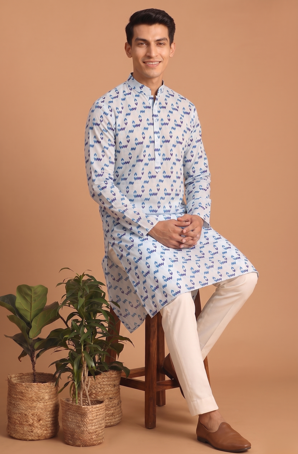 Blue Motif Kurta with White Trouser