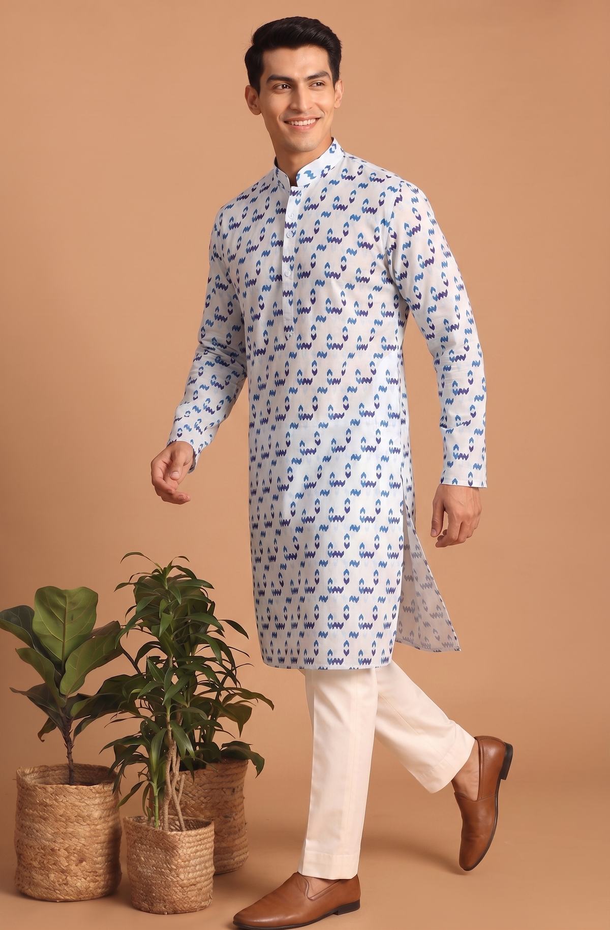 Blue Motif Kurta with White Trouser