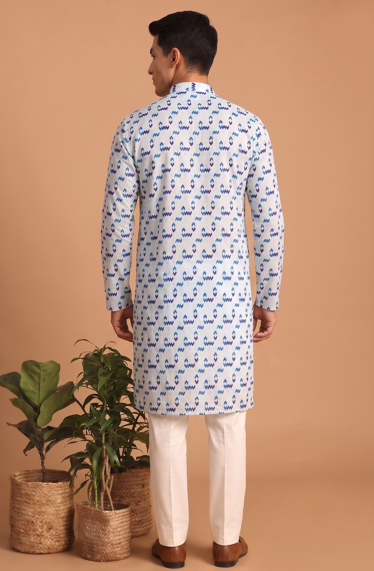 Blue Motif Kurta with White Trouser