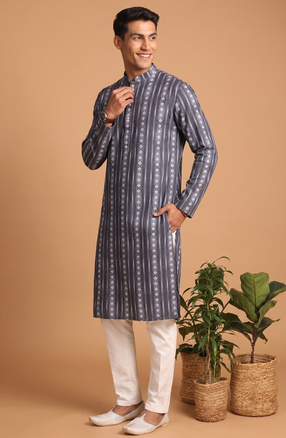 Grey Patterned Kurta with White Trouser