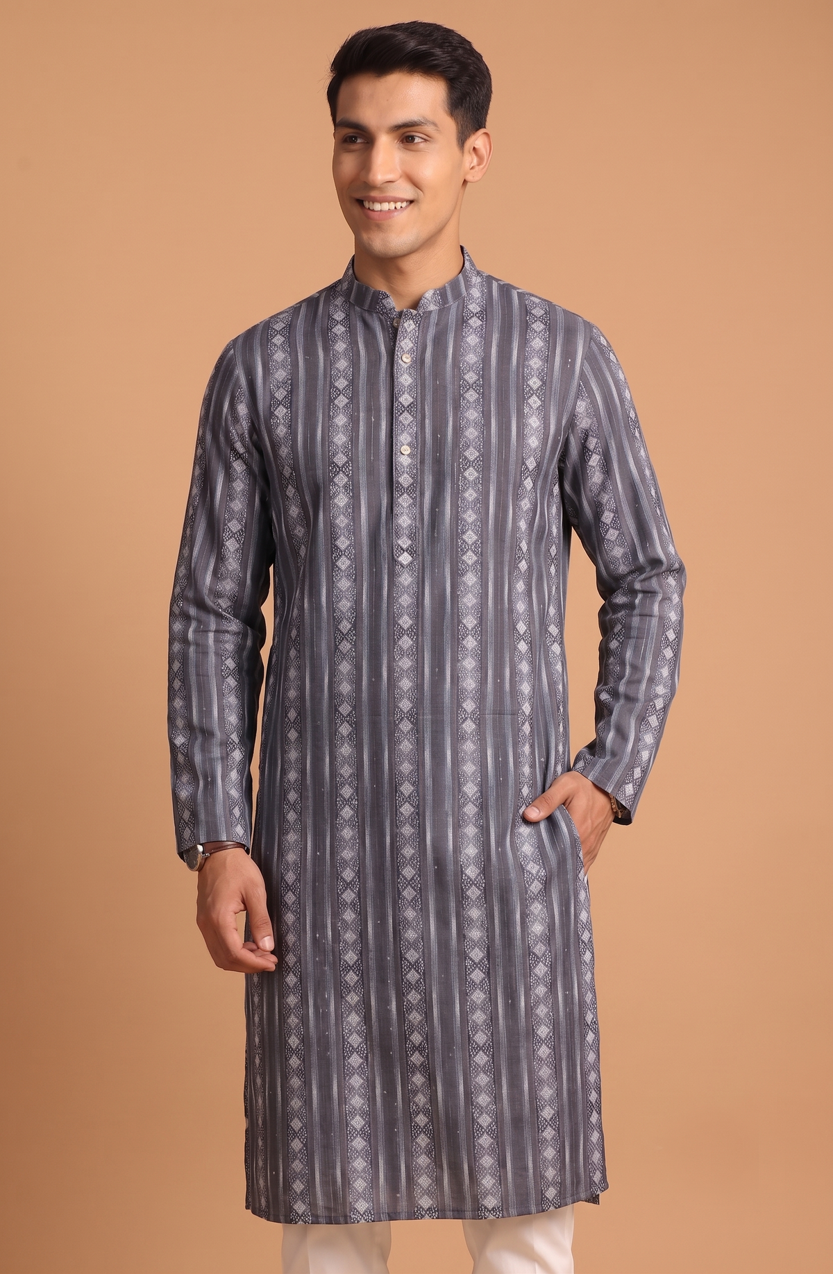 Grey Patterned Kurta with White Trouser