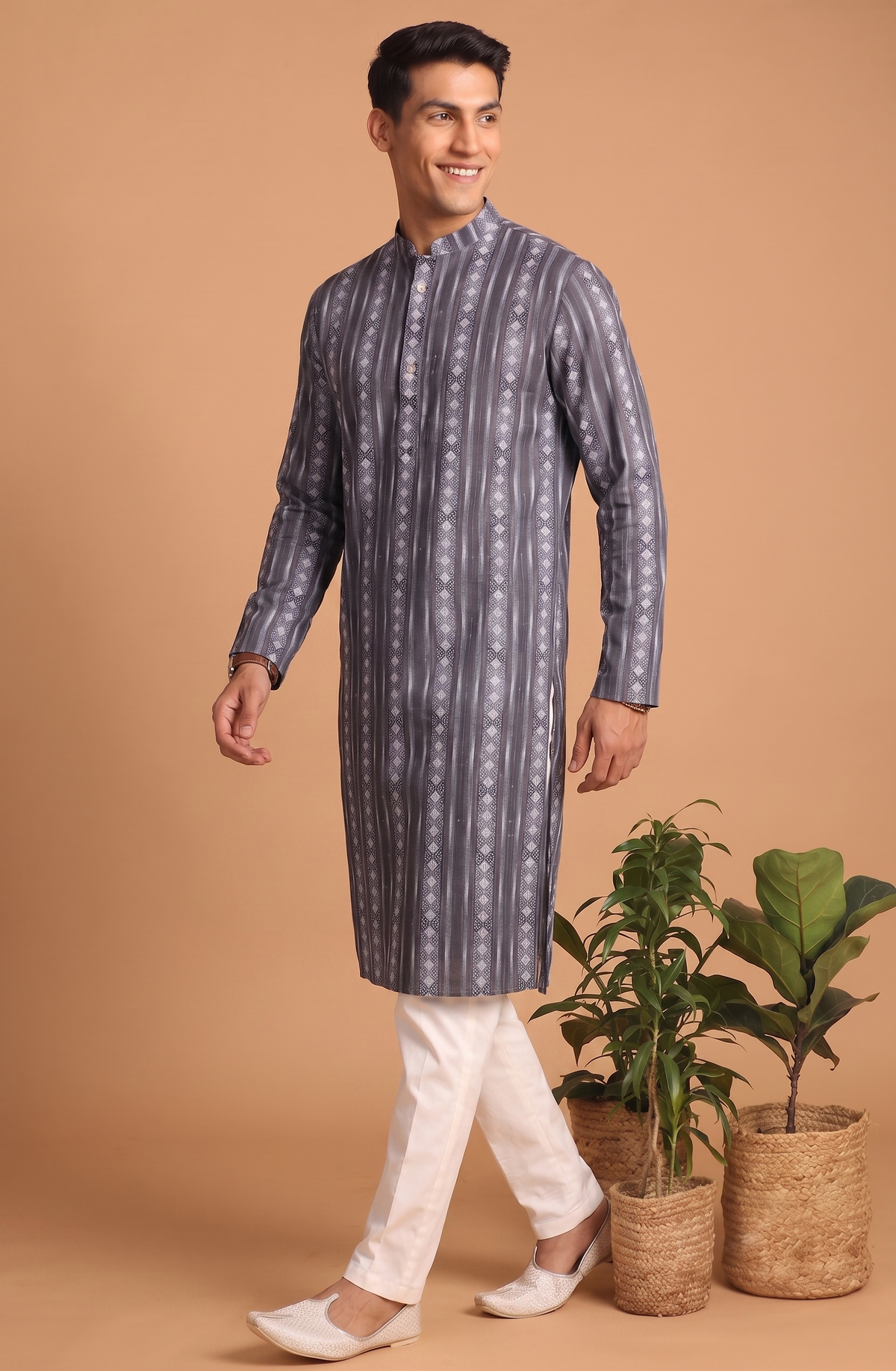 Grey Patterned Kurta with White Trouser