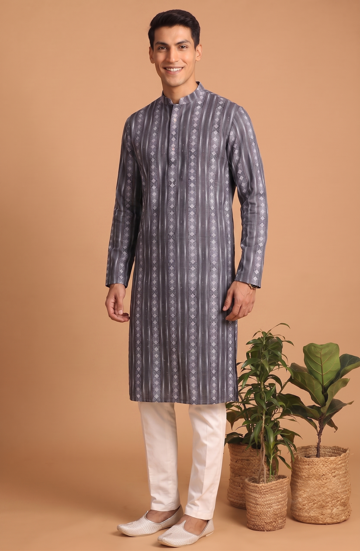 Grey Patterned Kurta with White Trouser