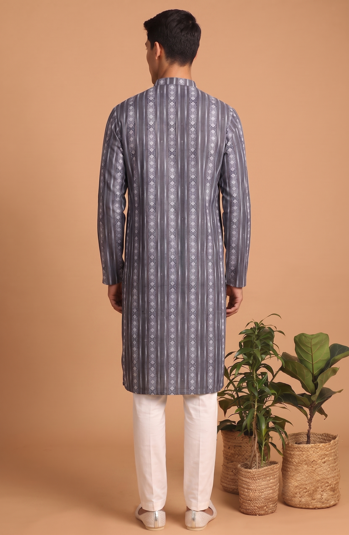 Grey Patterned Kurta with White Trouser