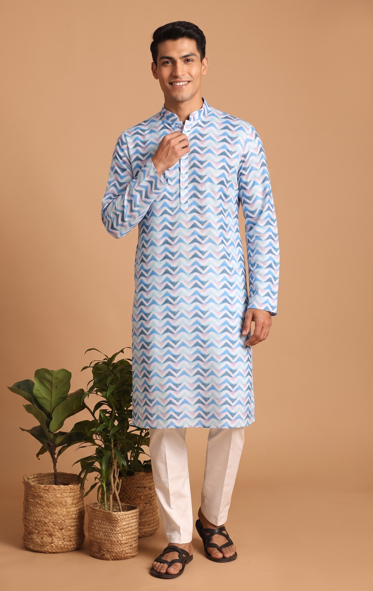 Blue Wave Pattern Cotton Kurta Pajama