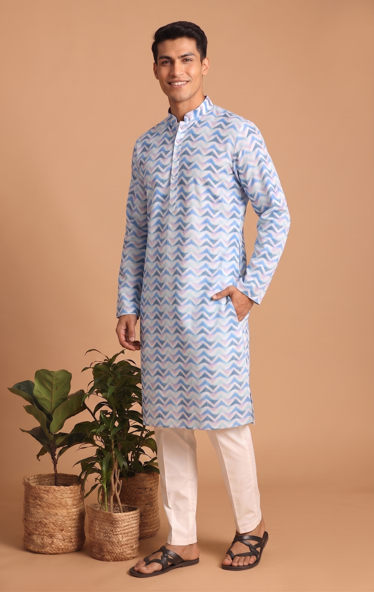 Blue Wave Pattern Cotton Kurta Pajama