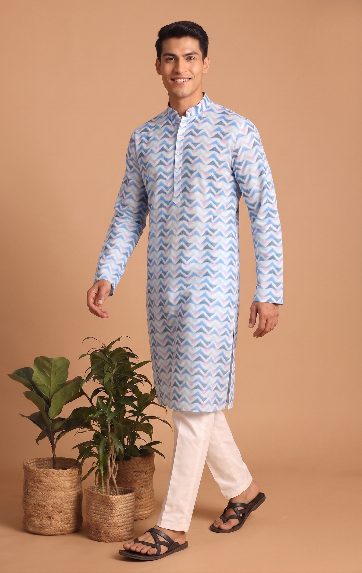 Blue Wave Pattern Cotton Kurta Pajama