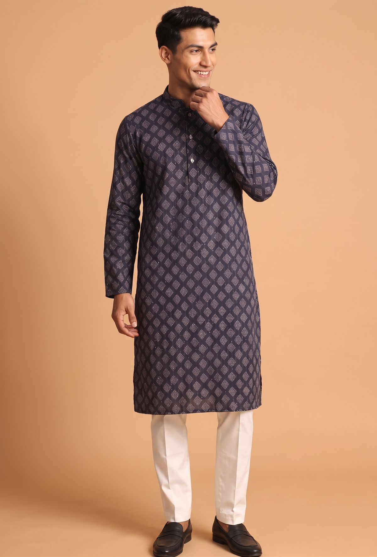 Dark Blue Patterned Kurta with Trouser