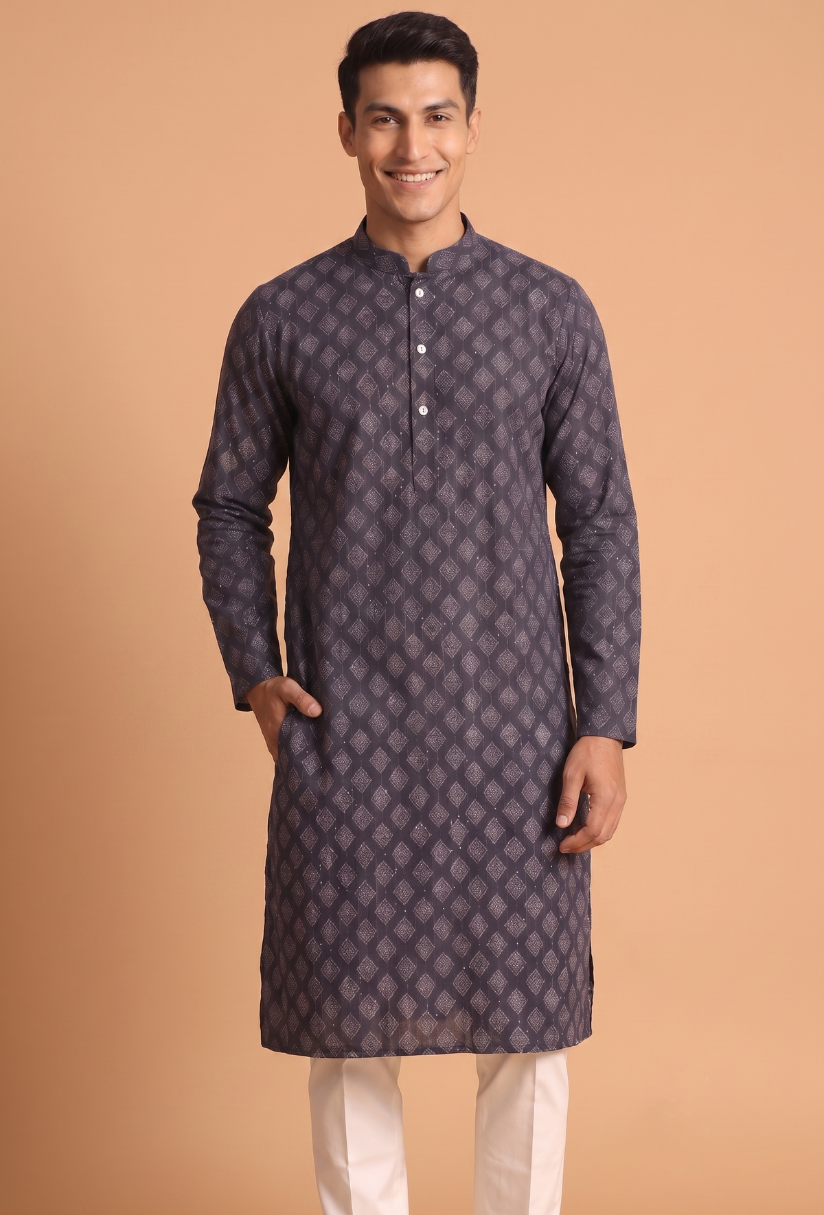 Dark Blue Patterned Kurta with Trouser