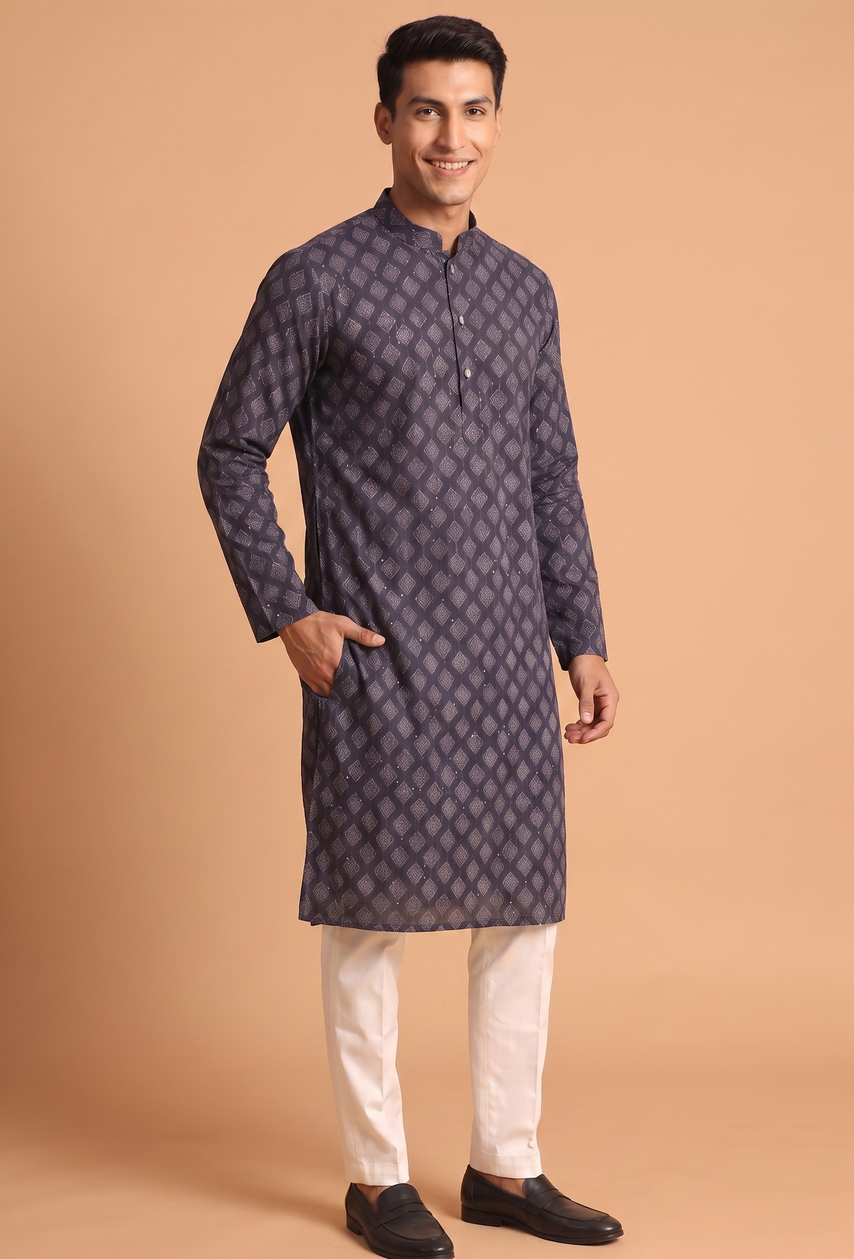 Dark Blue Patterned Kurta with Trouser
