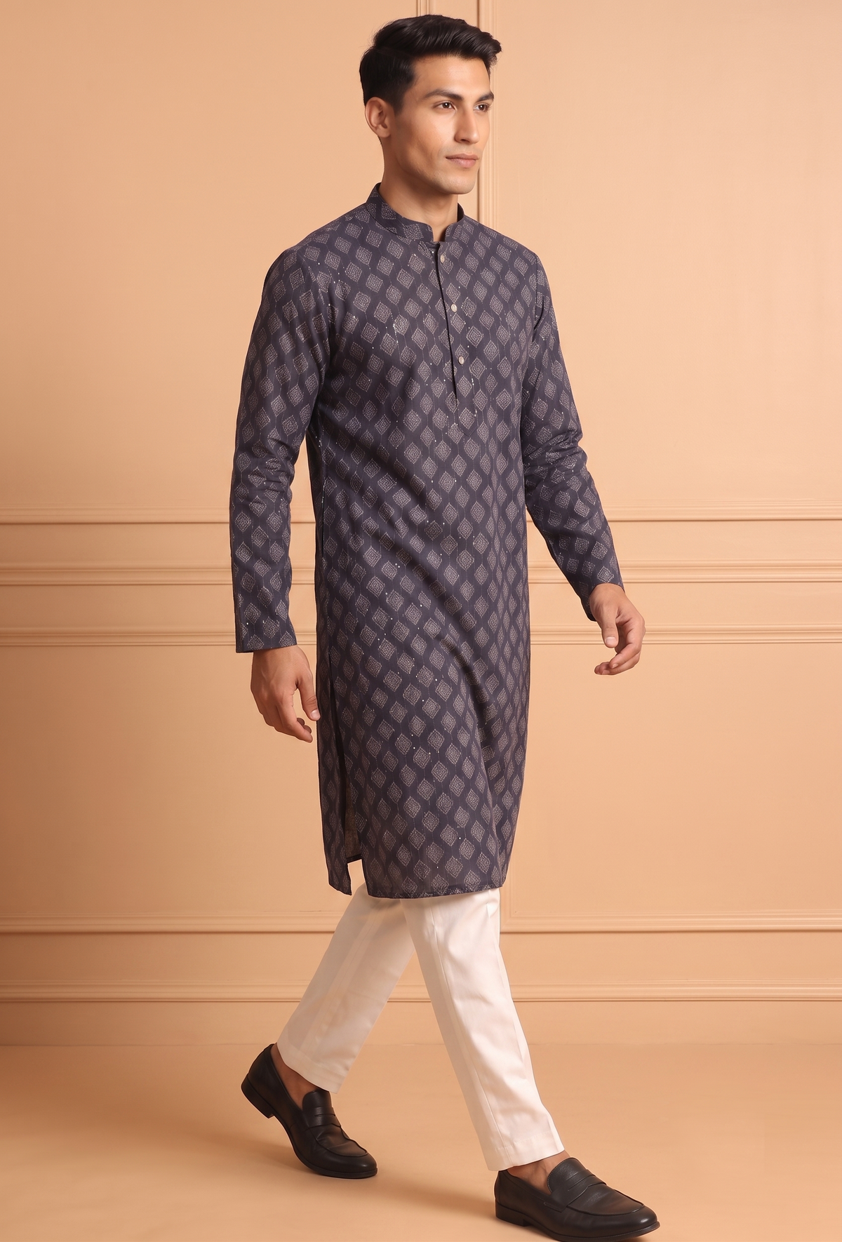 Dark Blue Patterned Kurta with Trouser