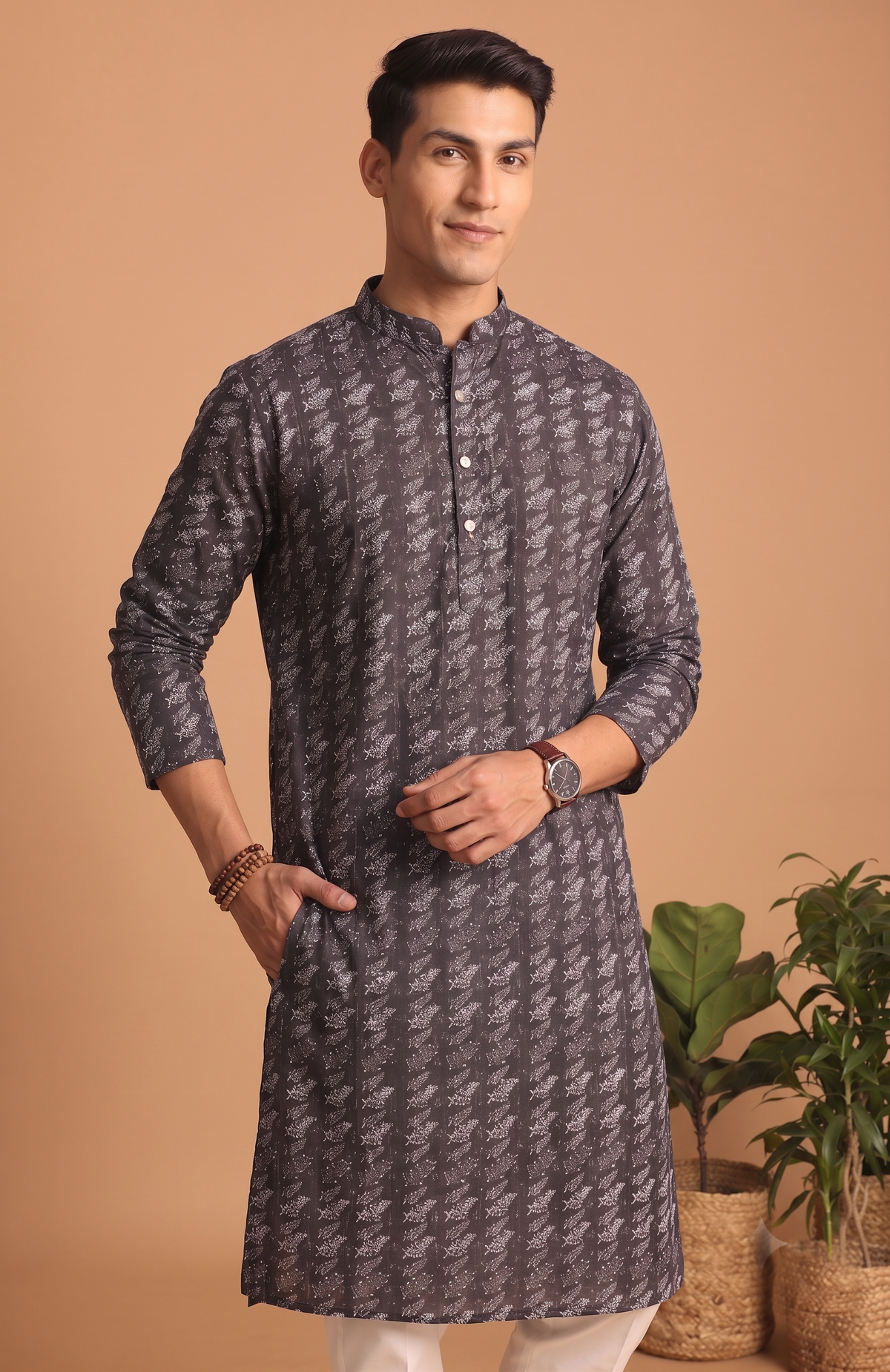 Grey Printed Festive Kurta Pajama