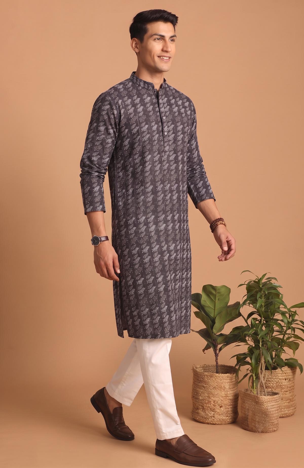 Grey Printed Festive Kurta Pajama
