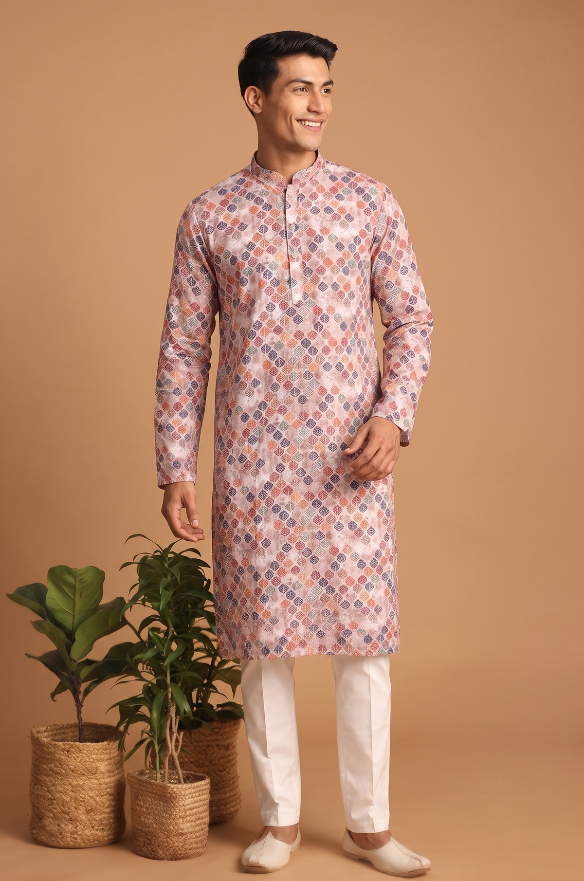 Peach Floral Pattern Kurta Set for Men