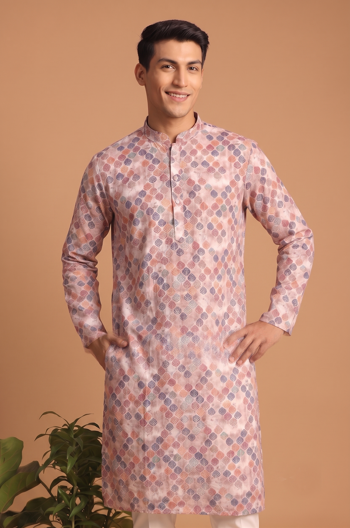 Peach Floral Pattern Kurta Set for Men
