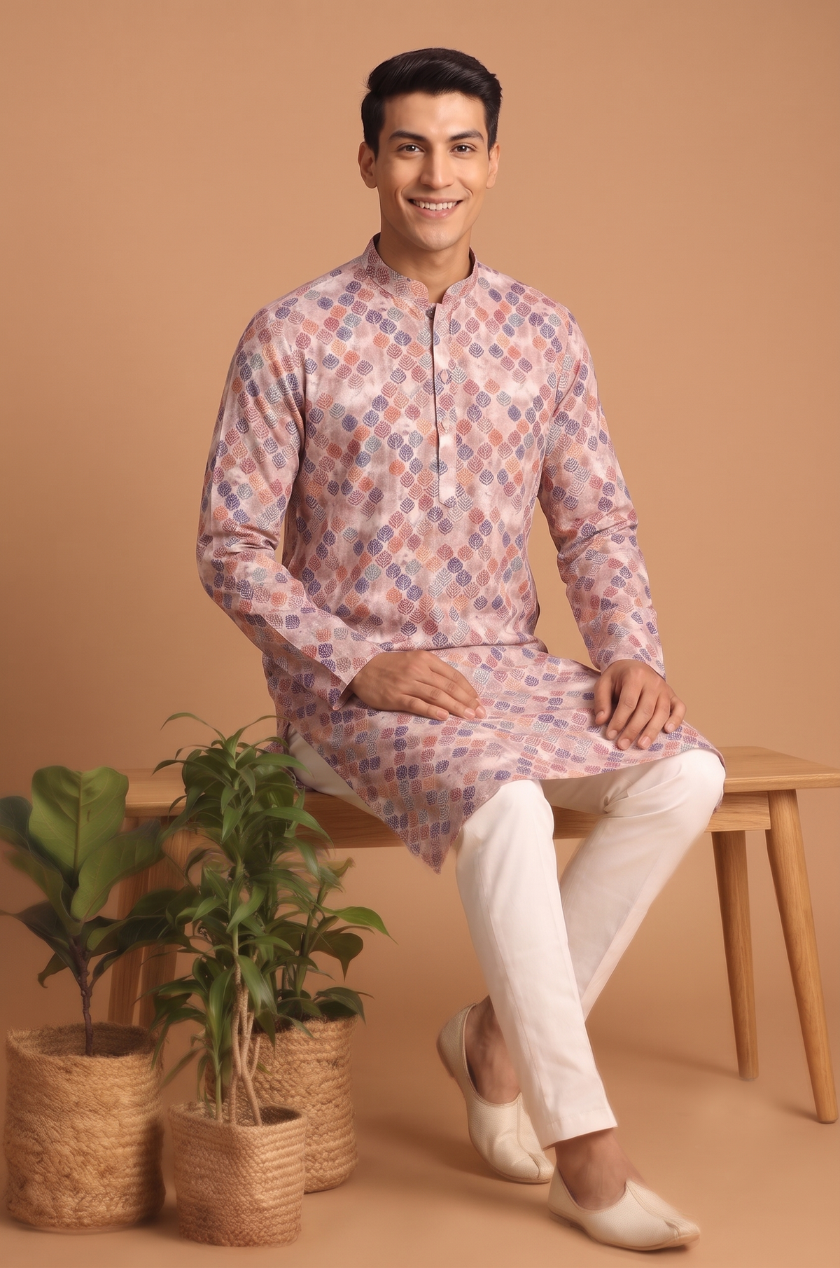 Peach Floral Pattern Kurta Set for Men