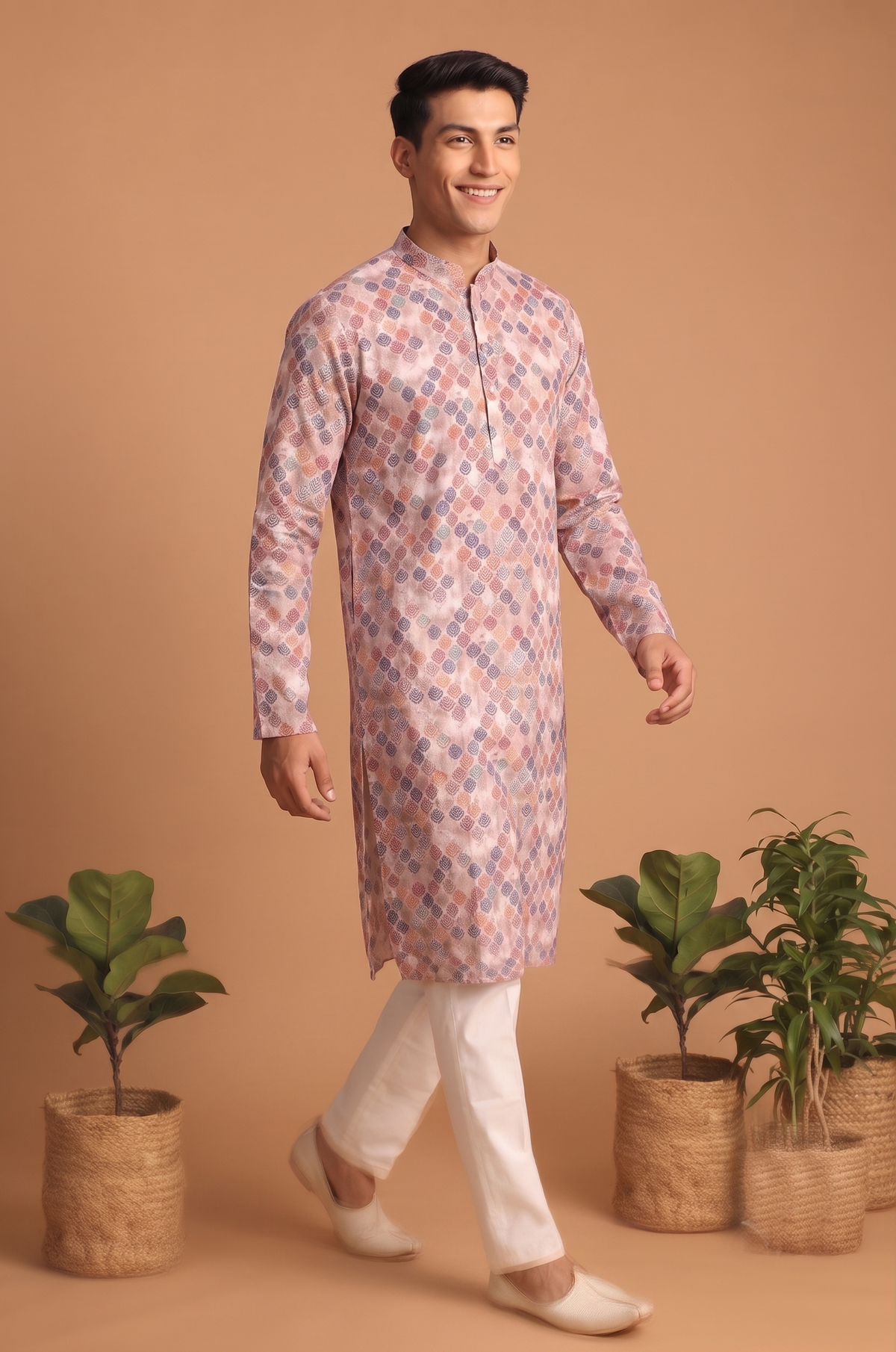 Peach Floral Pattern Kurta Set for Men