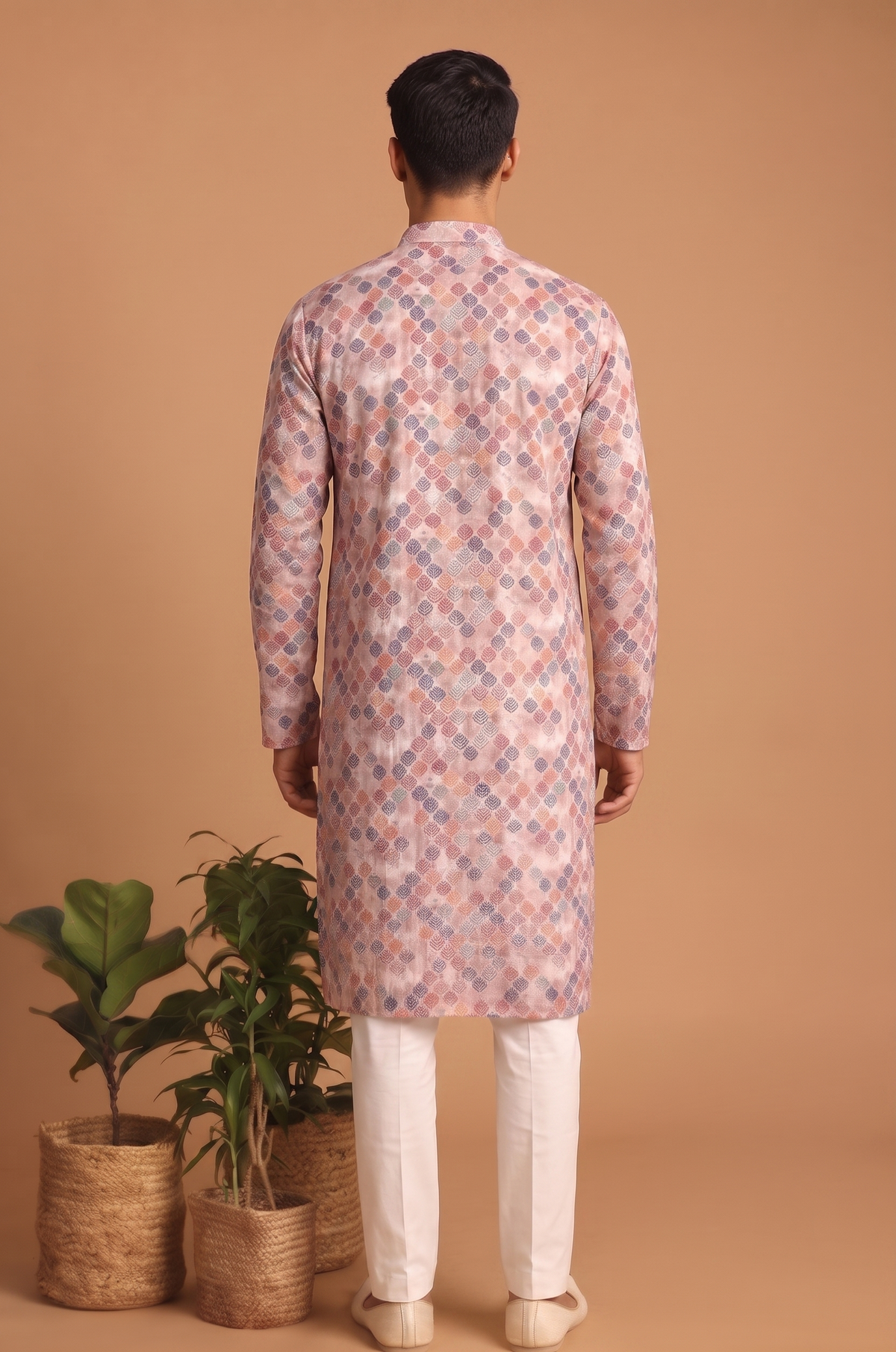 Peach Floral Pattern Kurta Set for Men