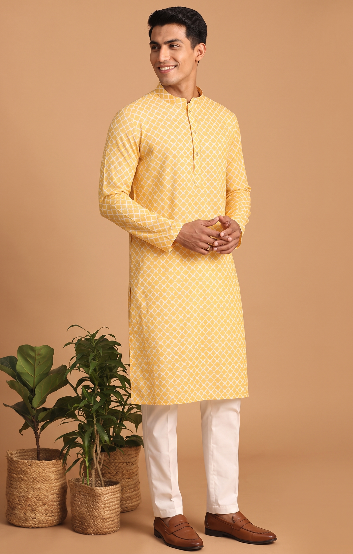 Yellow Printed Kurta Pajama for Men