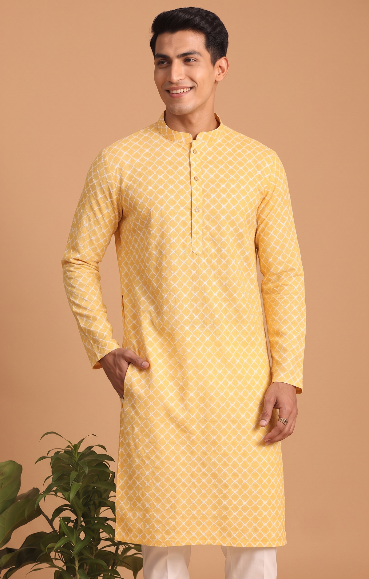 Yellow Printed Kurta Pajama for Men