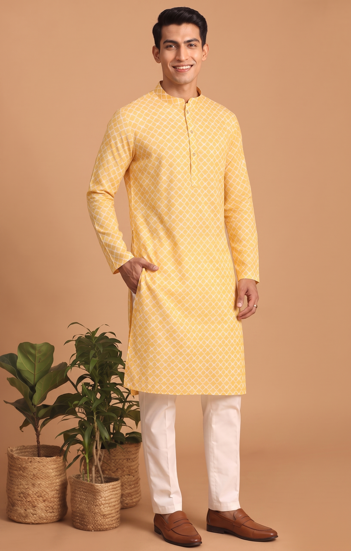 Yellow Printed Kurta Pajama for Men
