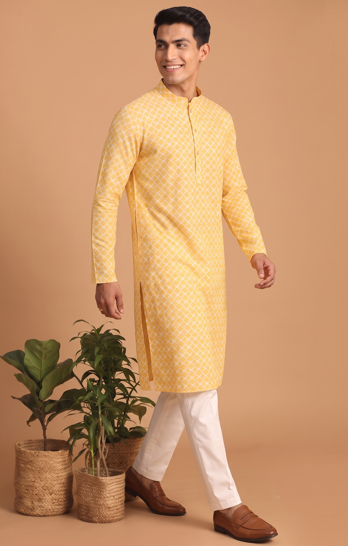Yellow Printed Kurta Pajama for Men