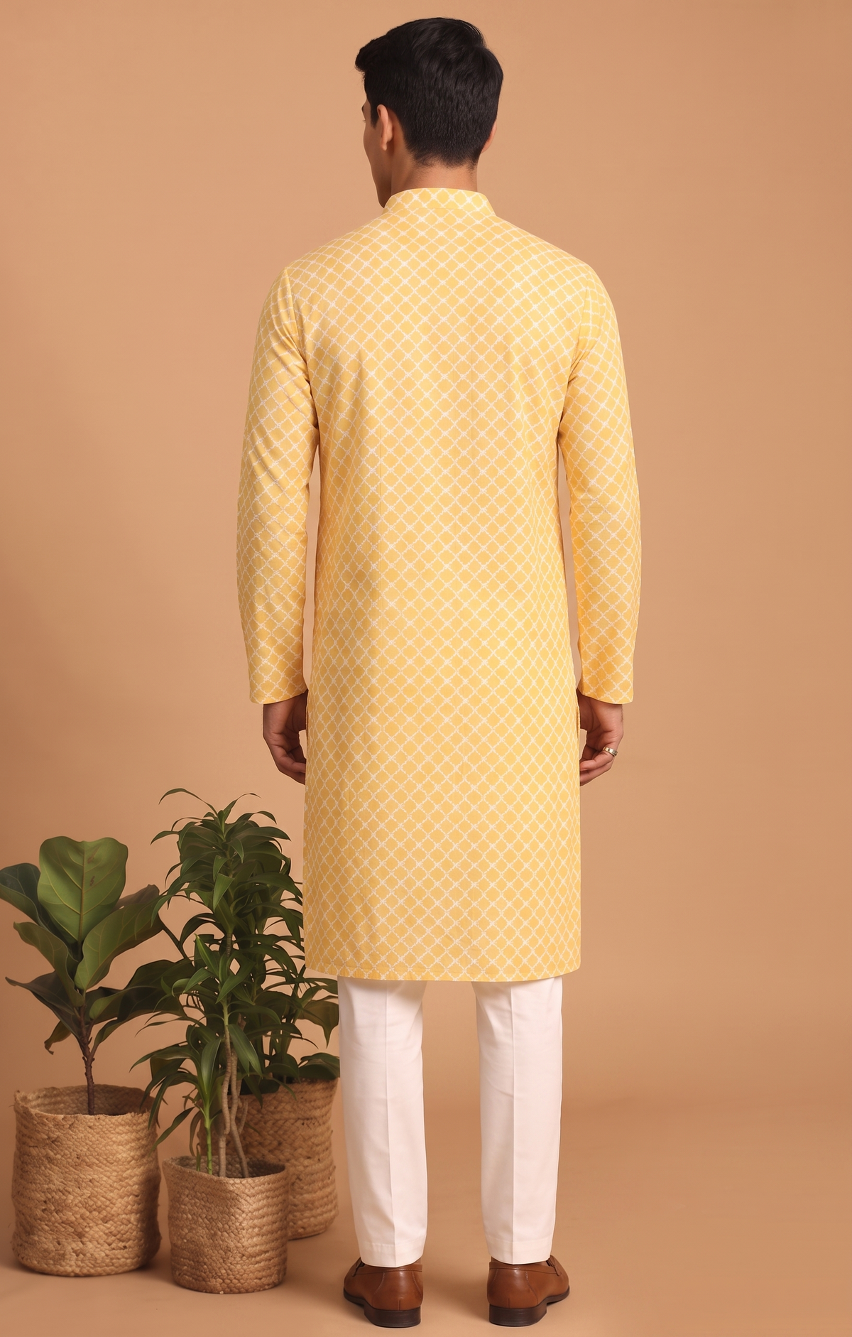 Yellow Printed Kurta Pajama for Men