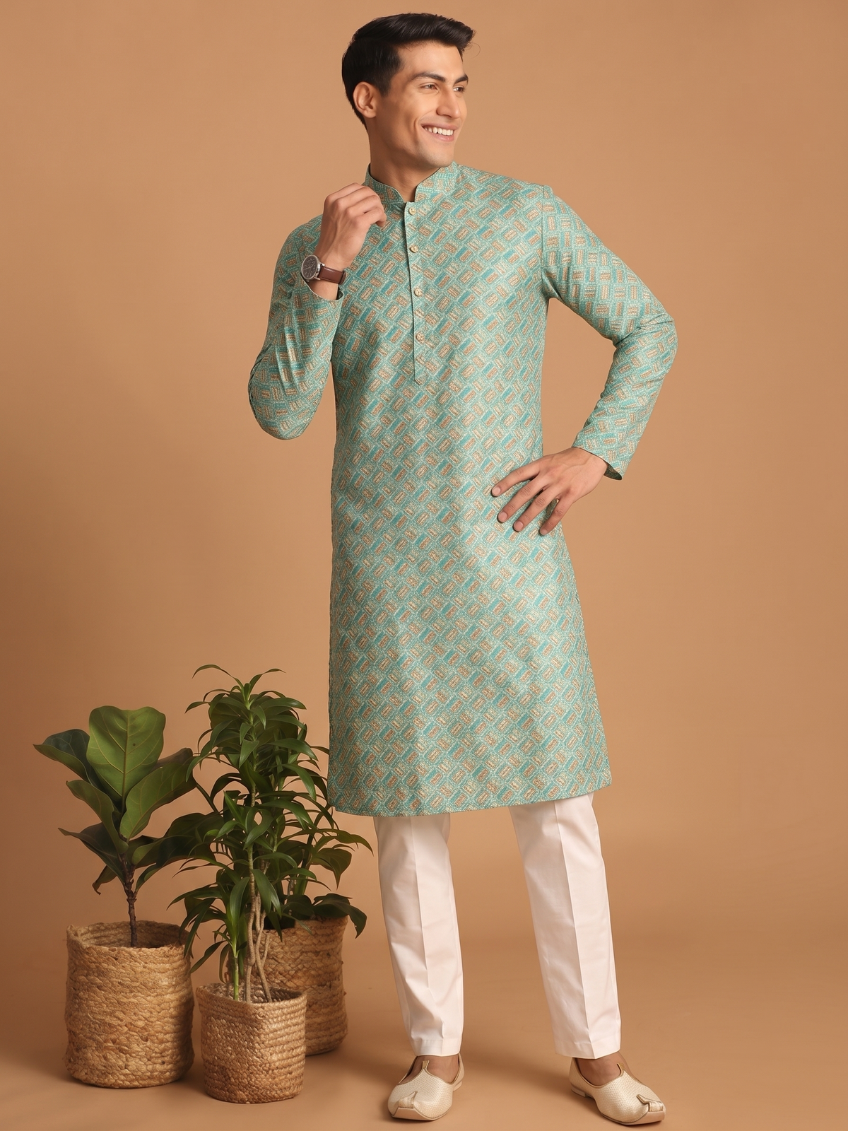 Green Patterned Festive Kurta Pajama