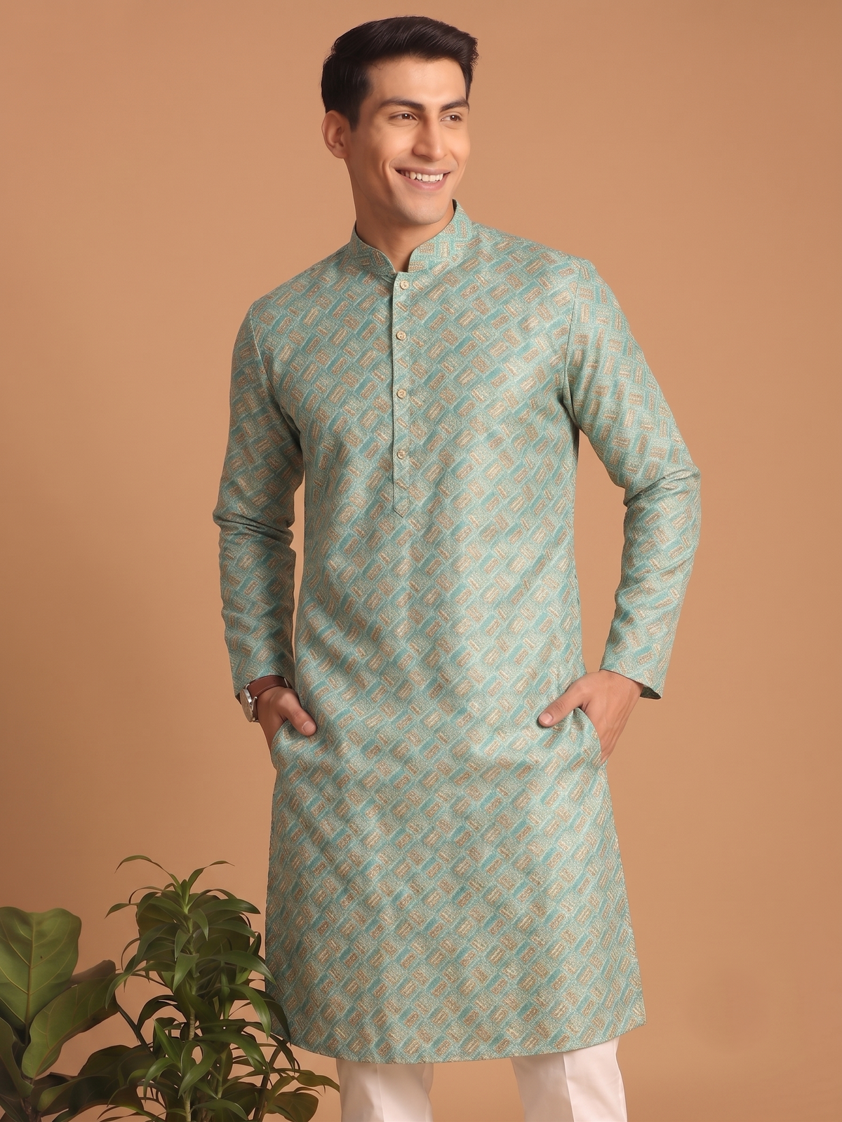 Green Patterned Festive Kurta Pajama