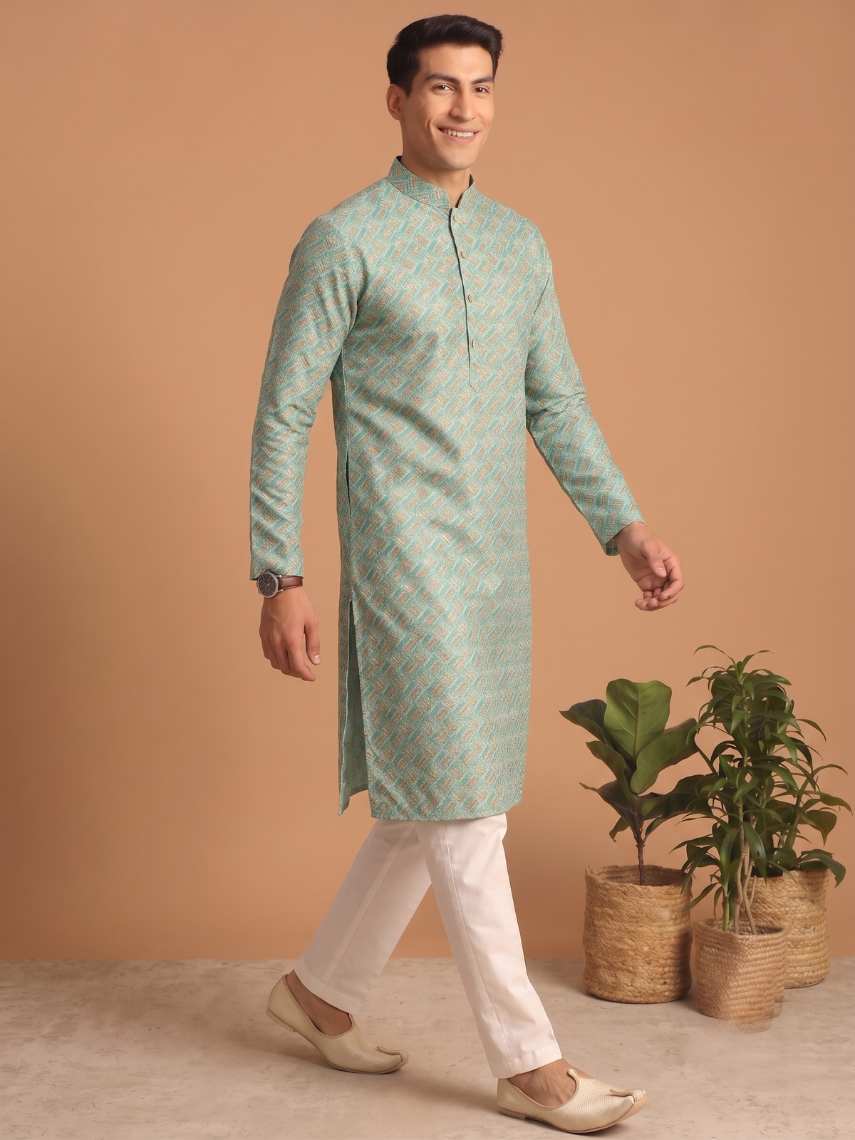 Green Patterned Festive Kurta Pajama