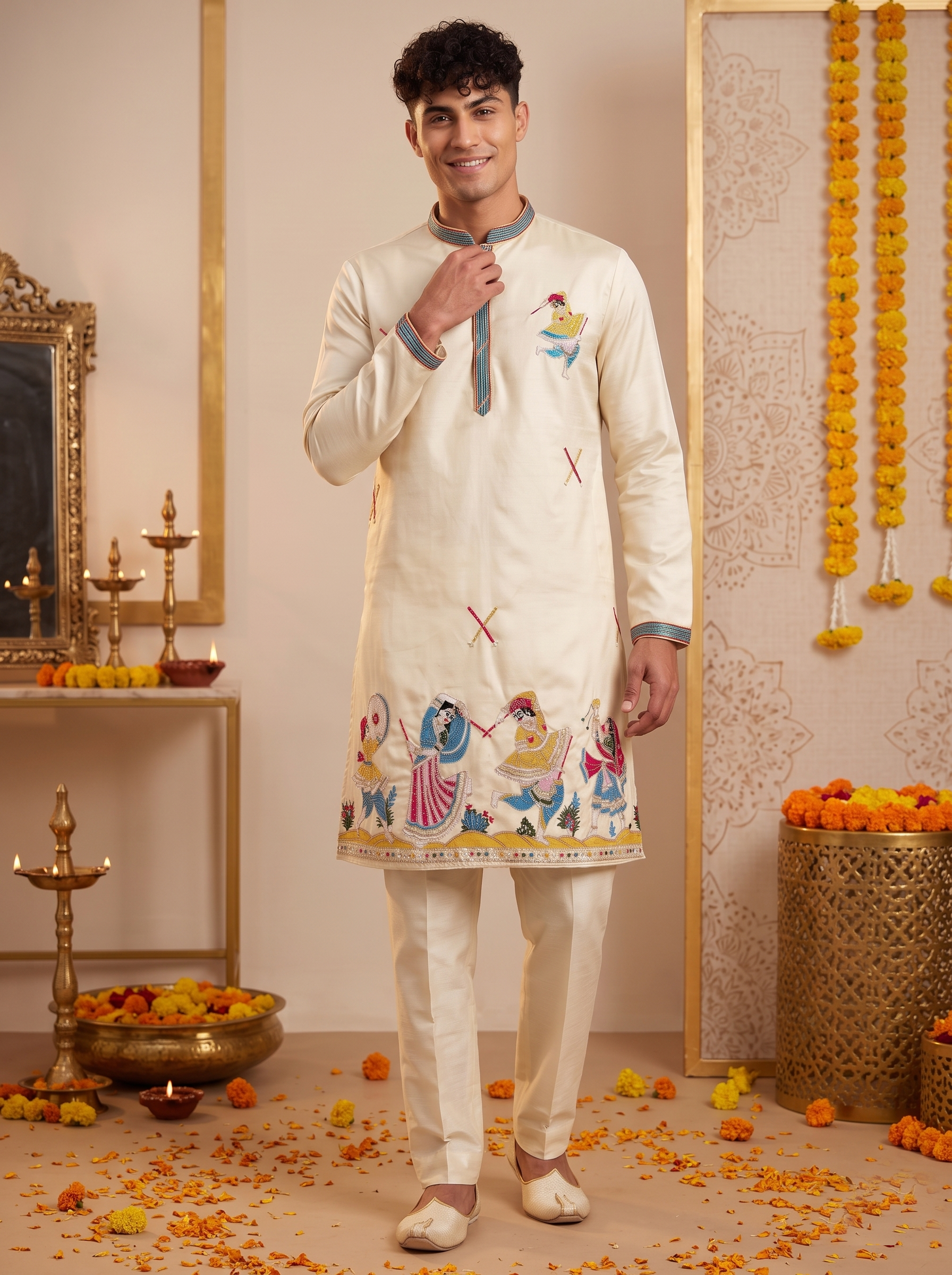 Cream Folk Art Embroidered Kurta Pajama