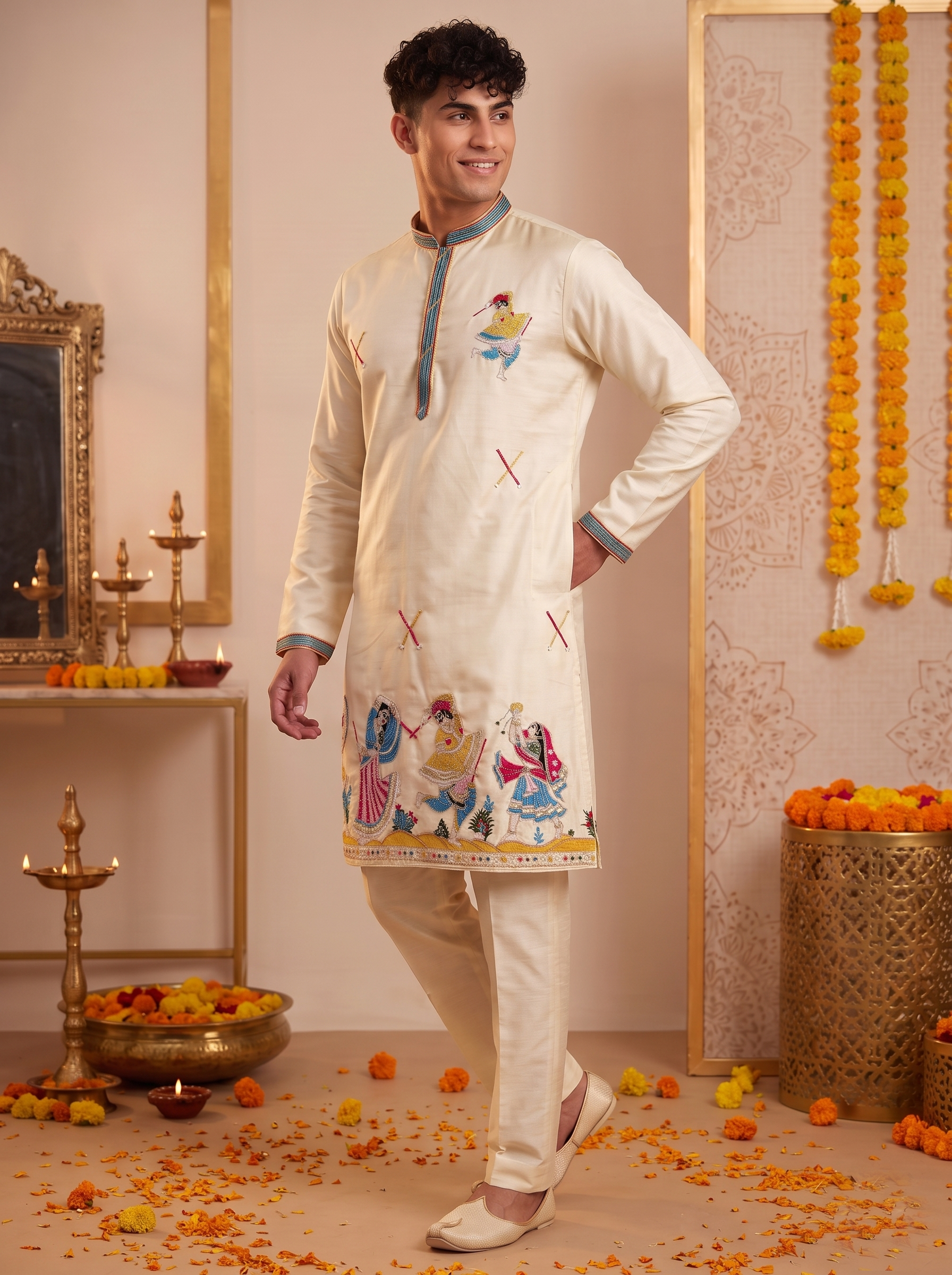 Cream Folk Art Embroidered Kurta Pajama