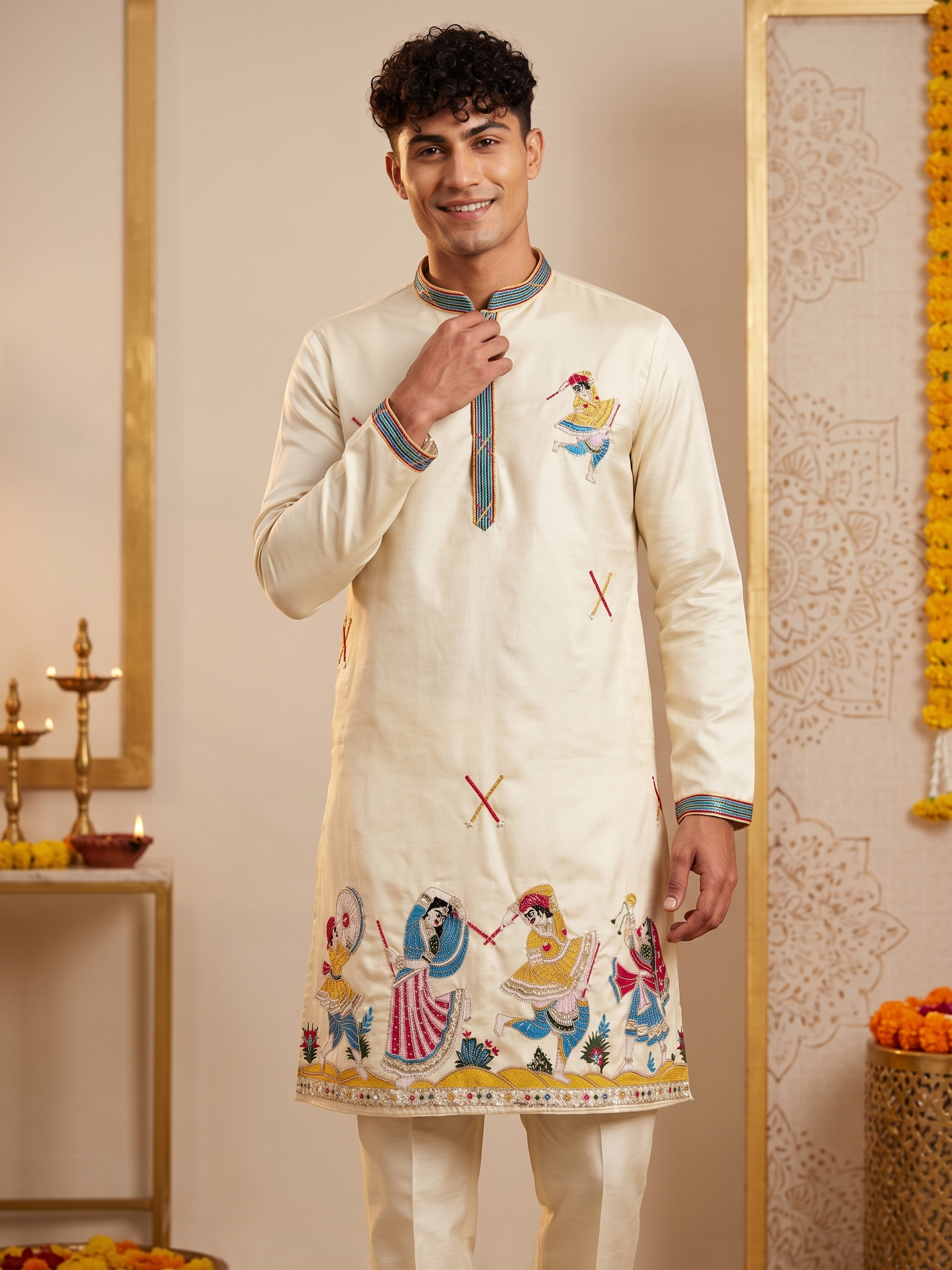 Cream Folk Art Embroidered Kurta Pajama