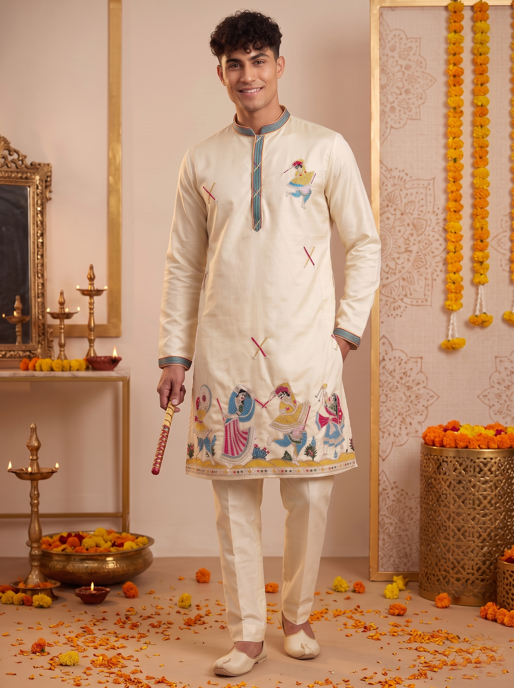 Cream Folk Art Embroidered Kurta Pajama
