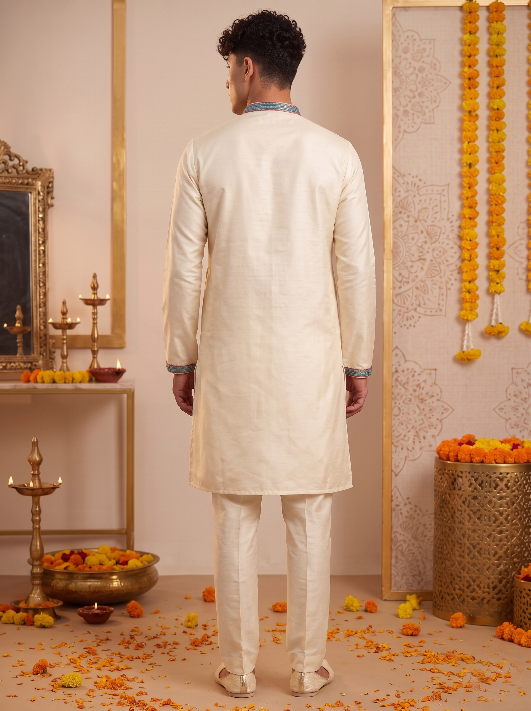 Cream Folk Art Embroidered Kurta Pajama