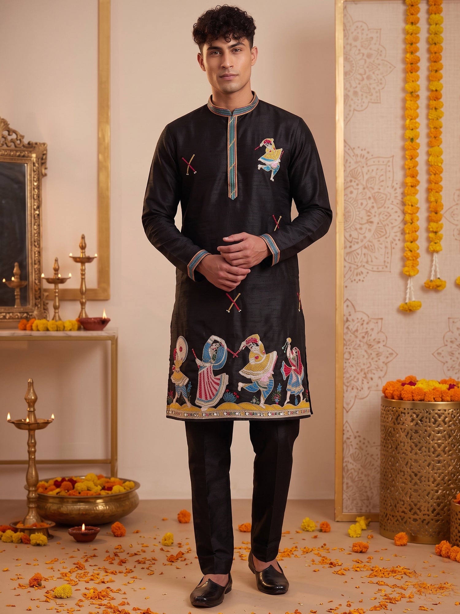 Black Ethnic Motif Handwork Kurta