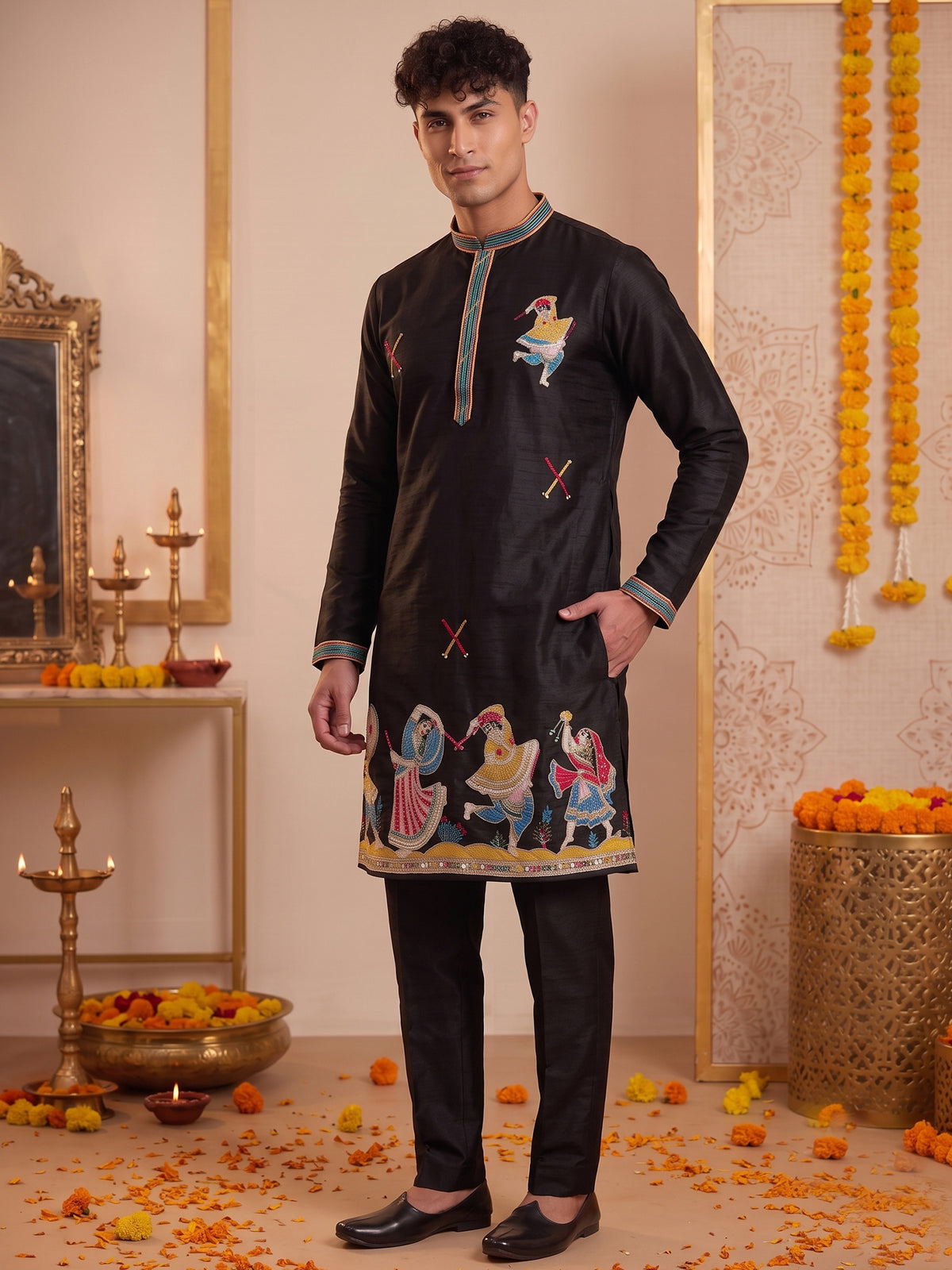 Black Ethnic Motif Handwork Kurta