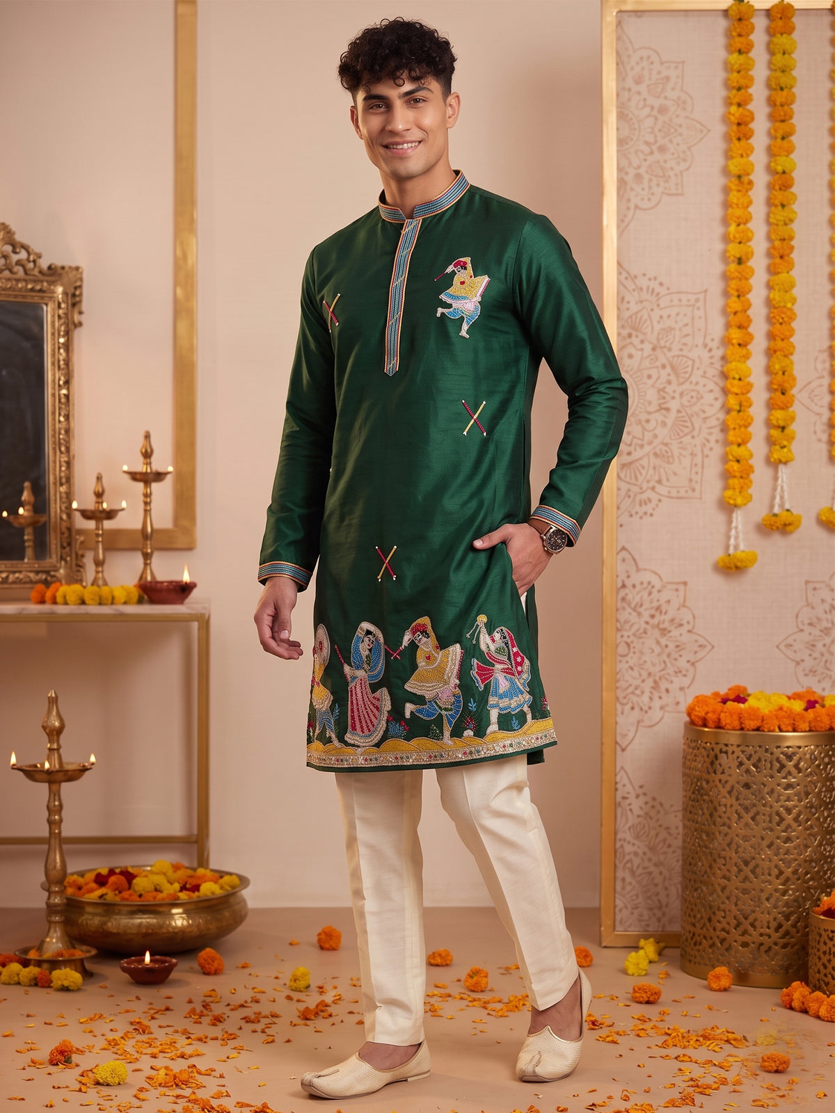 Deep Green Artistic Embroidered Kurta Trouser