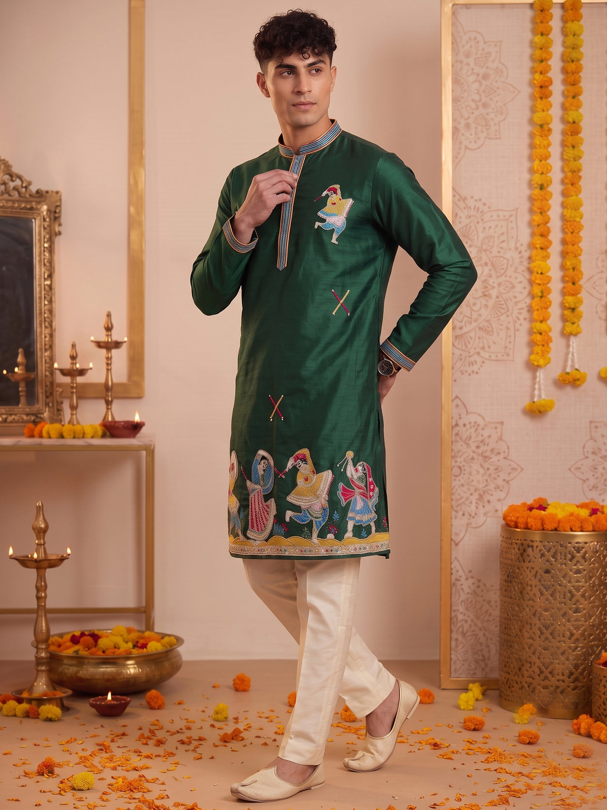 Deep Green Artistic Embroidered Kurta Trouser