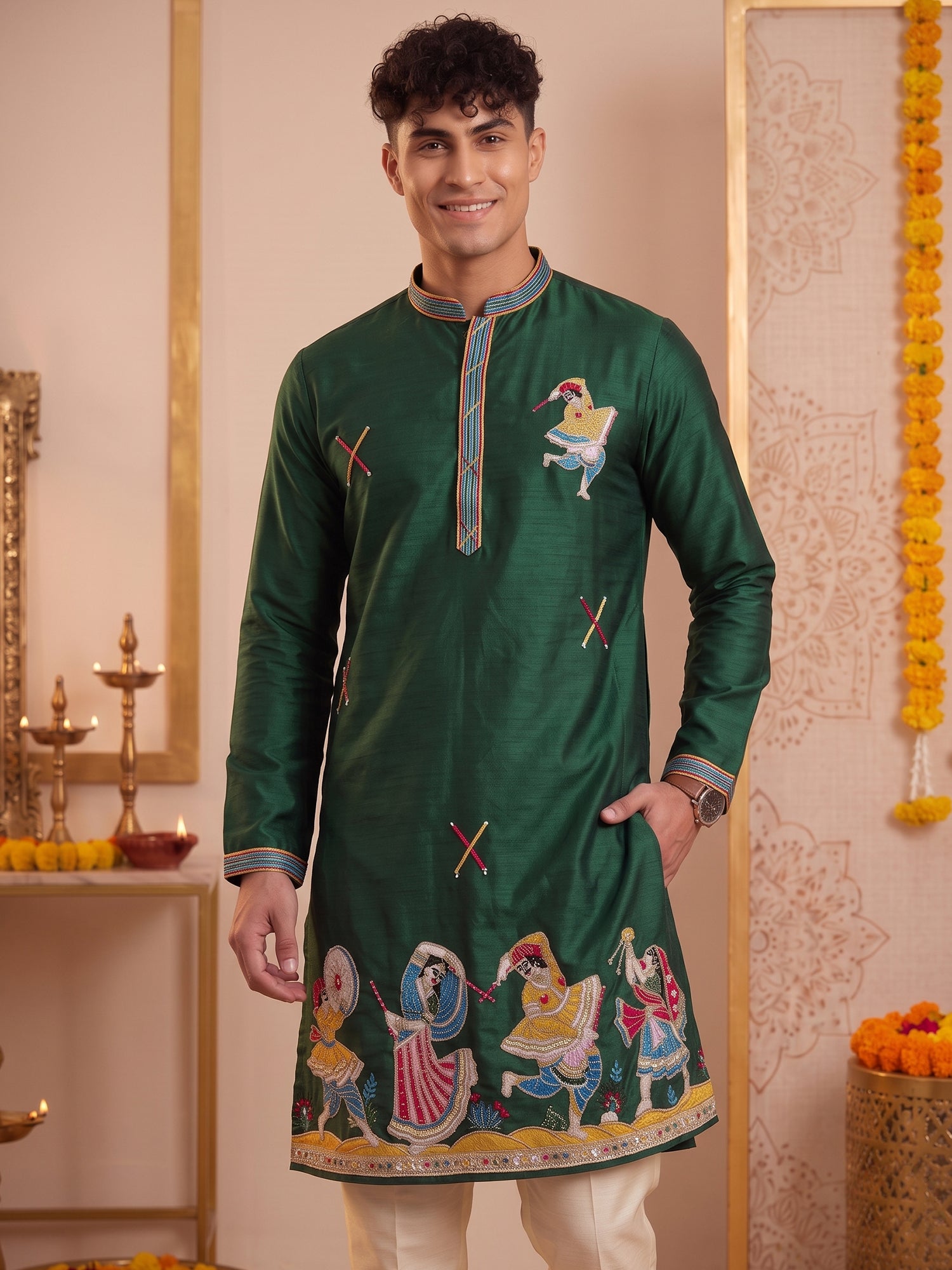 Deep Green Artistic Embroidered Kurta Trouser