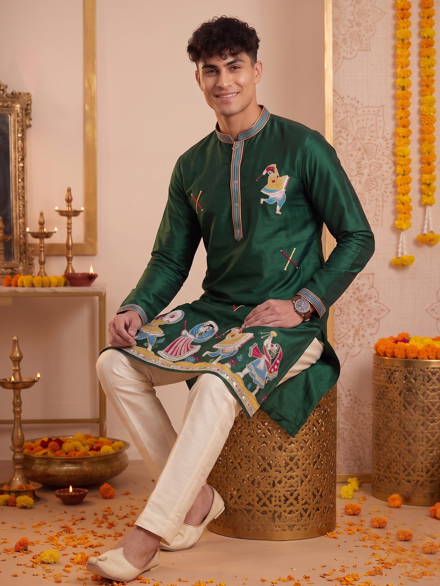 Deep Green Artistic Embroidered Kurta Trouser