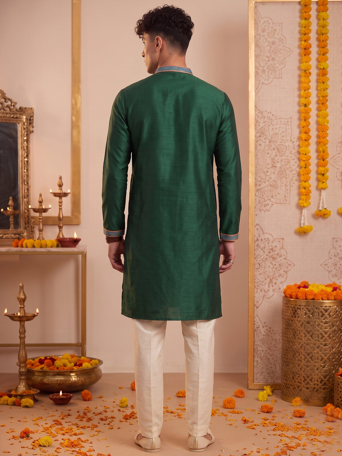 Deep Green Artistic Embroidered Kurta Trouser