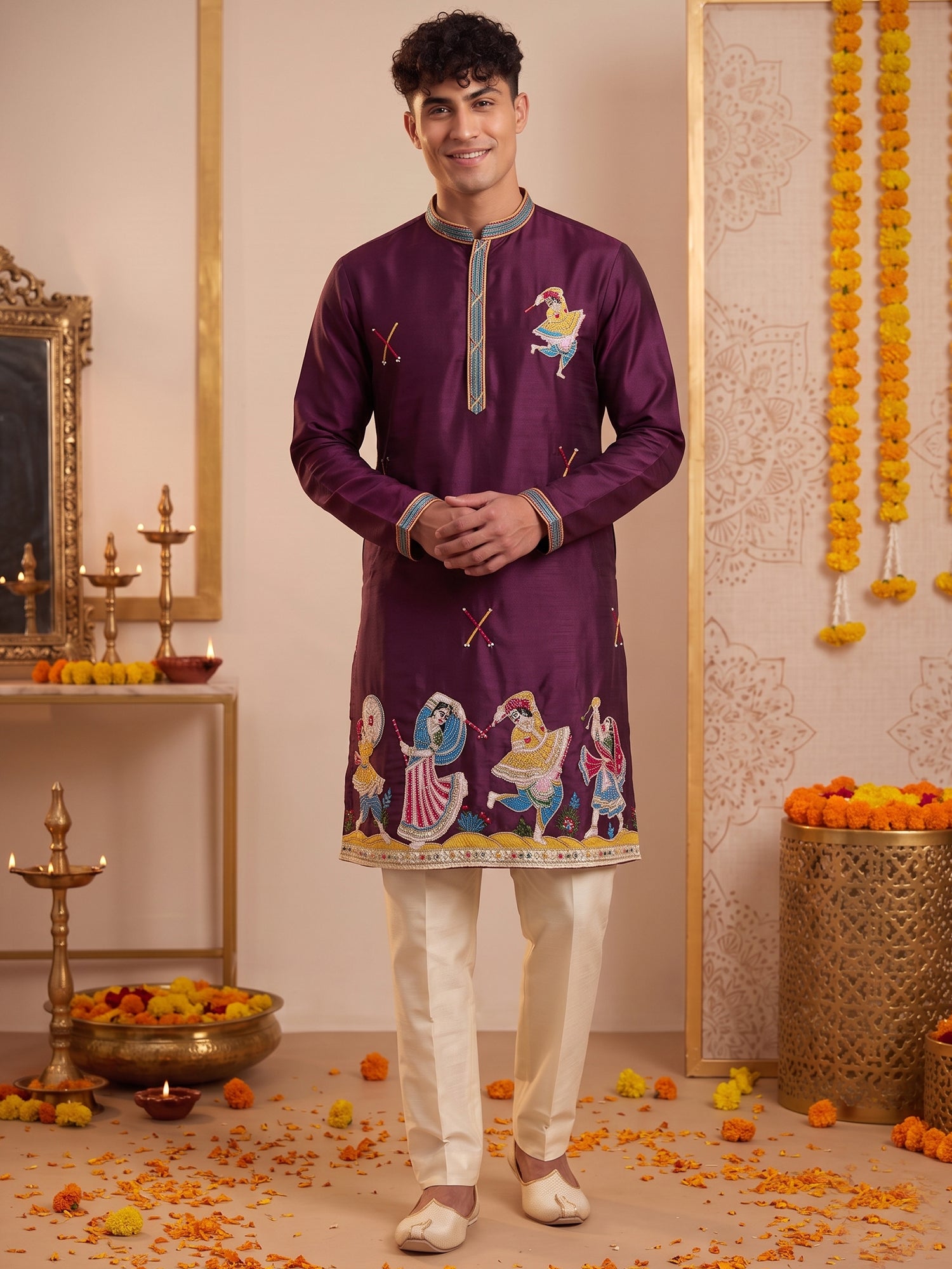 Royal Wine Artistic Embroidered Kurta Trouser