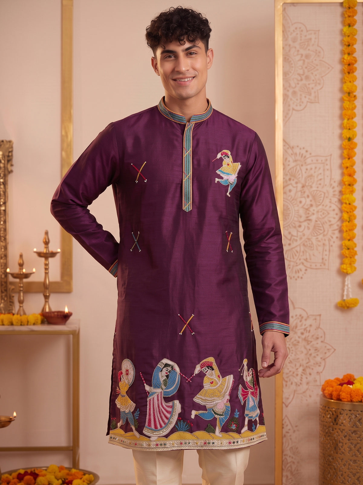 Royal Wine Artistic Embroidered Kurta Trouser