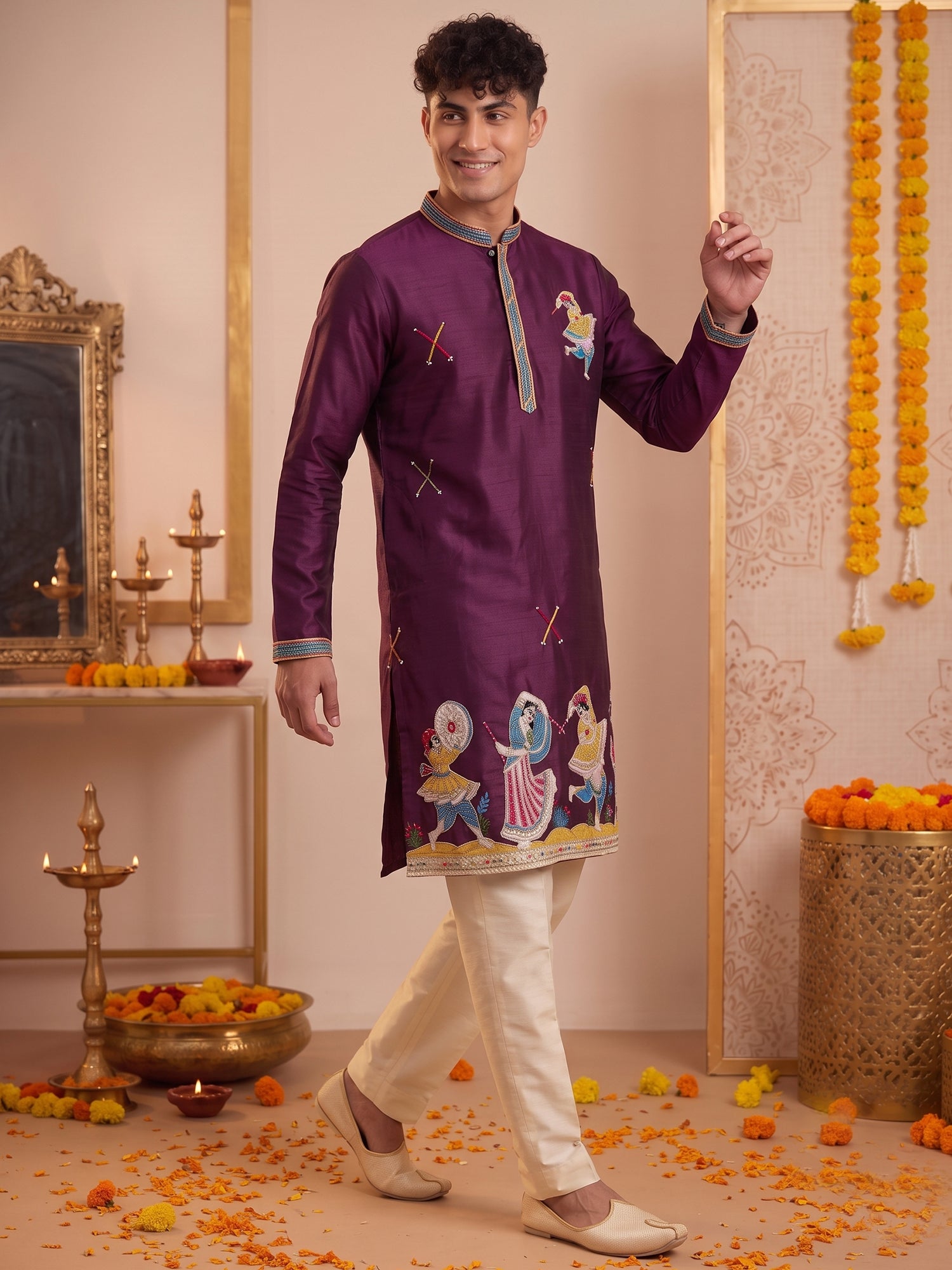 Royal Wine Artistic Embroidered Kurta Trouser