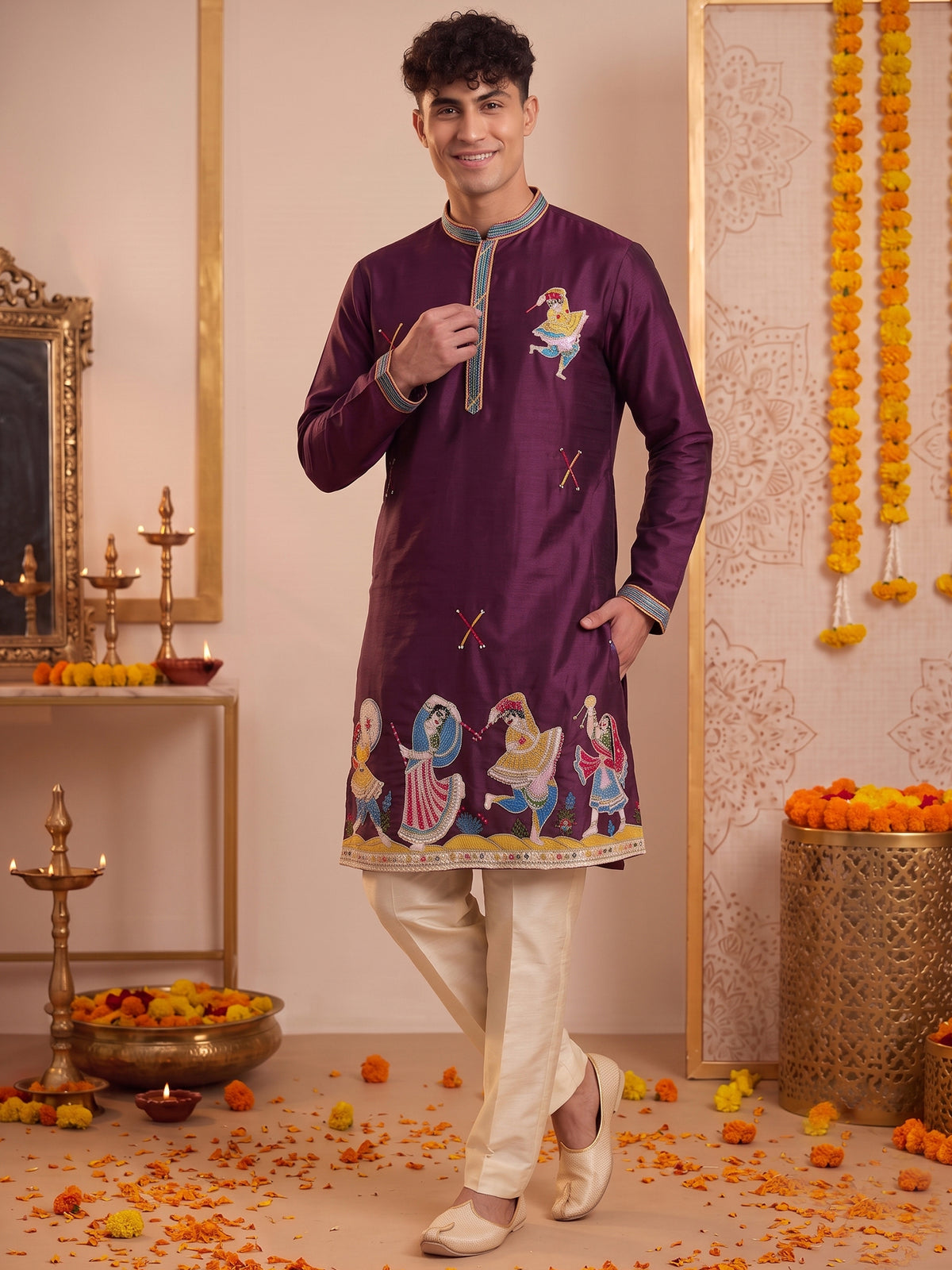 Royal Wine Artistic Embroidered Kurta Trouser