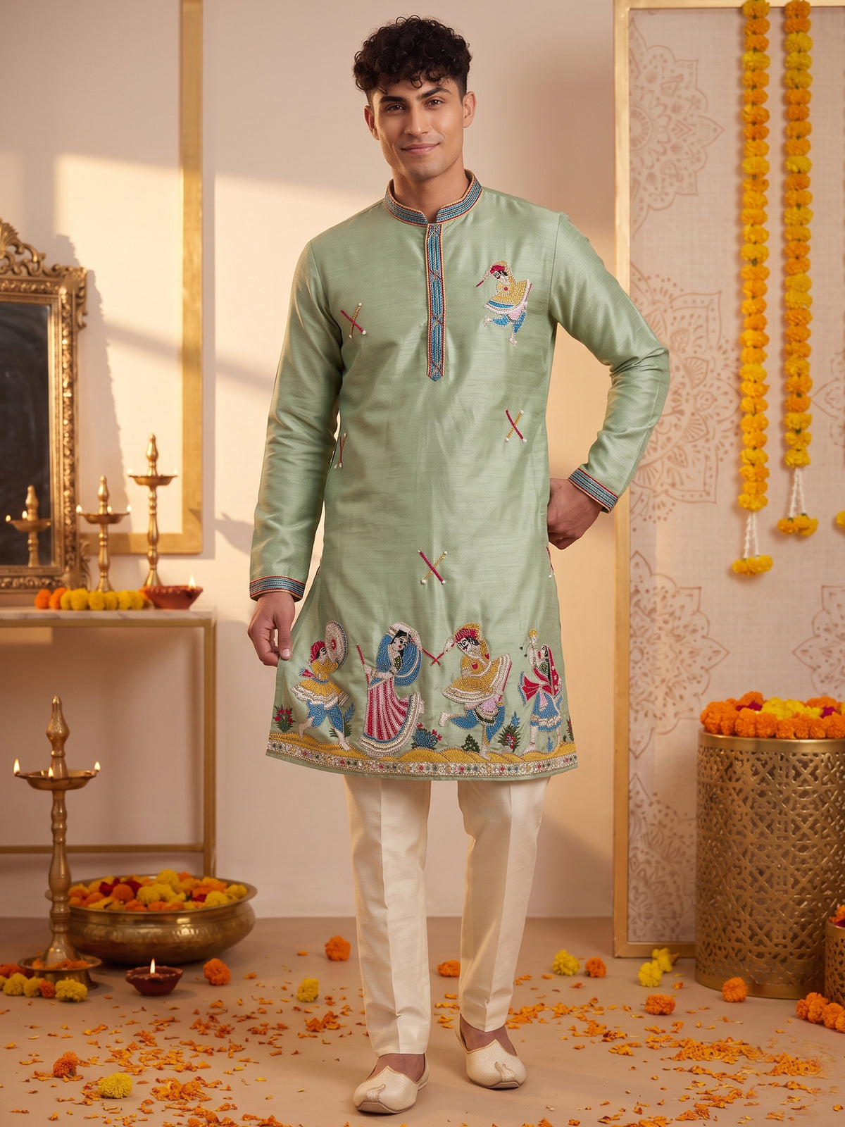 Mint Green Folk Art Silk Kurta Trouser Set