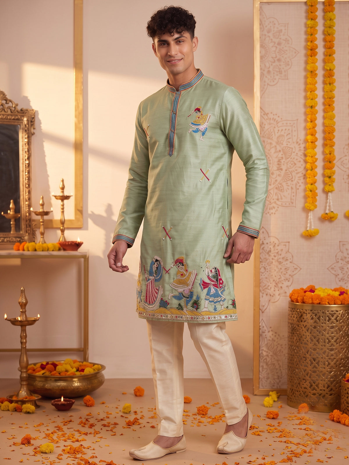Mint Green Folk Art Silk Kurta Trouser Set