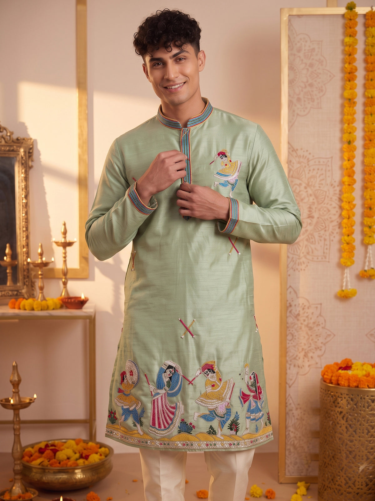 Mint Green Folk Art Silk Kurta Trouser Set